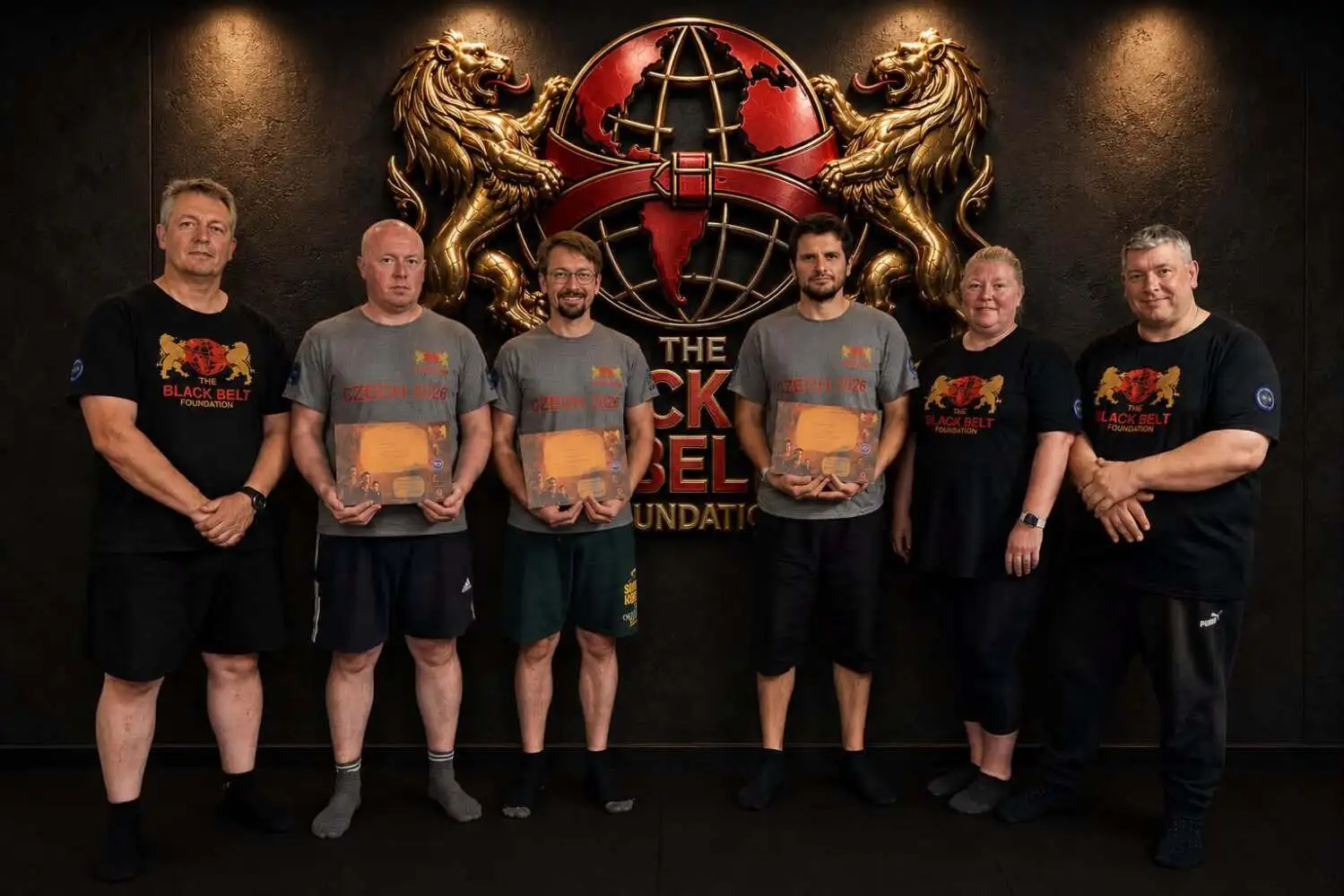 The Black Belt Foundation instructor team in front of the academy logo wall